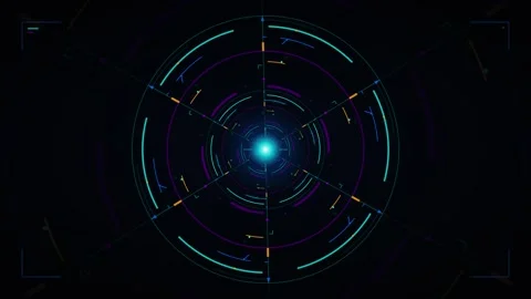 Sci-fi circular HUD display with glowing center and radial lines on black a.. 動画素材 336365187