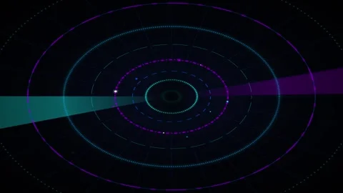 Sci-fi circular HUD display with glowing purple and teal rings and data point 動画素材 336365188