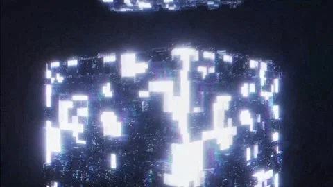 Sci-fi city blocks lighting up in bright white patches Stock Footage 346780399