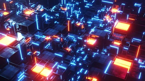 Sci-fi city has glowing neons and a bright window. Infinitely looped animation Vídeos de archivo 219199063