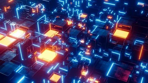 Sci-fi city has glowing neons and a bright window. 3D rendering illustration Illustrazione stock