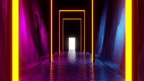 Sci-fi cobblestone corridor with neon arches Stock Footage 204876552