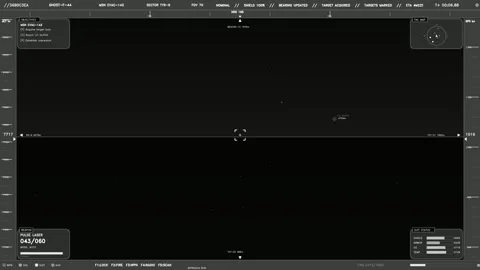 Sci fi cockpit HUD interface with tactical radar telemetry mission objectives Stock Footage 334636561