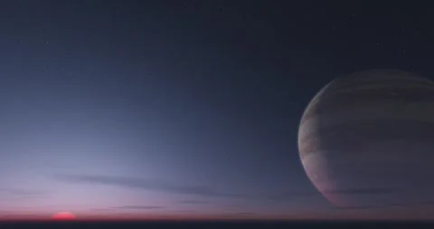 Sci-fi Colorful Cloudscape Sky Background with Jupiter planet. Sunrise Time Stock Footage 265806171