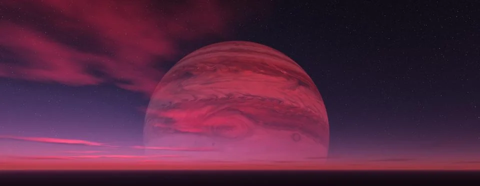 Sci-fi Colorful Cloudscape Sky Background with Jupiter planet. 3d Rendering.. Fotos Stock