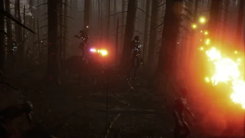 Sci-Fi Combat Aliens Captain Strikes Fire On Zombies 03 Stock Footage 232964079