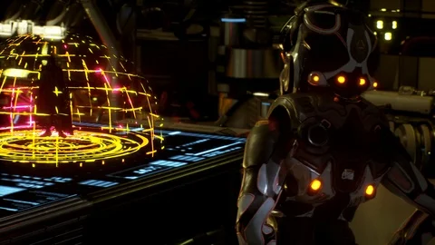 Sci-Fi Command Center Hosts Interstellar Meeting with Hologram Stock Footage 113159255
