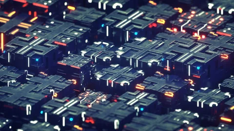 Sci-fi composition of illuminating cubes float seamless loop 3D render animation Stock Footage 111151474