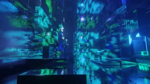 Sci-fi constructions, mysterious 3d objects in fog. Fly through technology Stock Footage 197084851