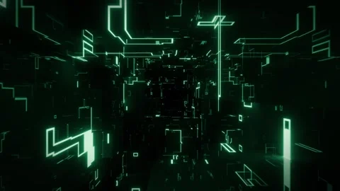 Sci fi corridor made of dark mirror cubes and glowing green patterns Stock Footage 337953490