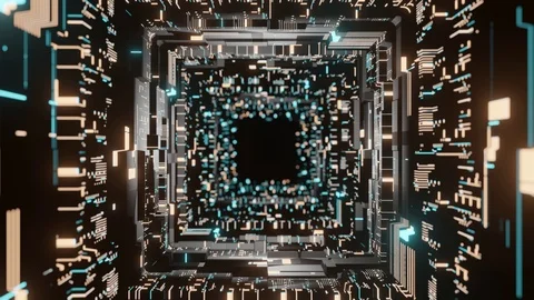 Sci fi corridor scene. Abstract geometry wall with glowing circuit binary data Stock Footage 113134199