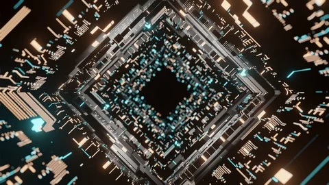 Sci fi corridor scene. Abstract geometry wall with glowing circuit binary data Stock Footage 113134363