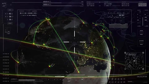 Sci Fi cosmic technological cyberspace HUD. Global connection.5D towers Stock Footage 245527398
