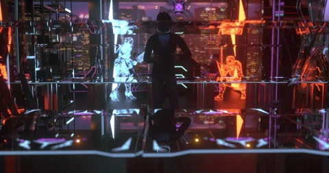 Sci-Fi Creation: Player Crafting a Futuristic Space with VR Glasses Against.. Stock Footage 277712229