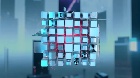 Sci-fi cube or quantum computer unit floating on cyberpunk background Stock Footage 251958435