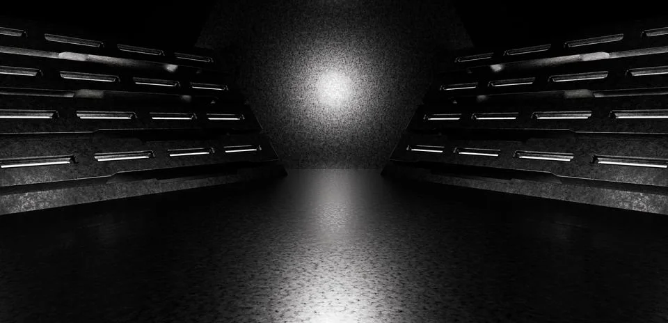 Sci-Fi Cyber Background Alien Spaceship Room Tunnel Corridor Dark Silver Gray Stock Photos