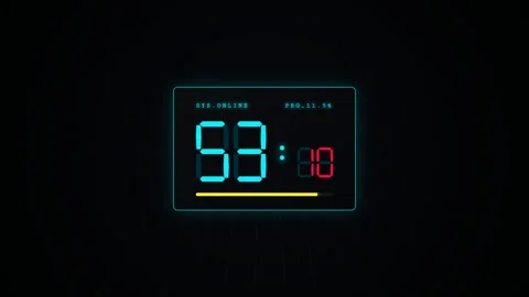 Sci-Fi Cyberpunk HUD Countdown Timer 60 to 0 Seconds with Neon Digital Numbers Video stock 341387110