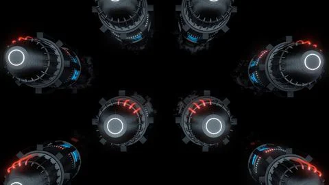 Sci-fi cylinders with white rings in a symmetric pattern, 4K illustration Stock Illustration