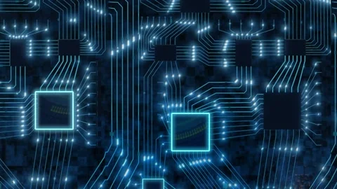 Sci-Fi digital blue background, printed circuit board with chips and electronic Stock Footage 144608469