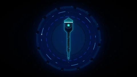 Sci-fi digital key symbol illuminated with bright cyan light inside a compl.. 動画素材 335826561