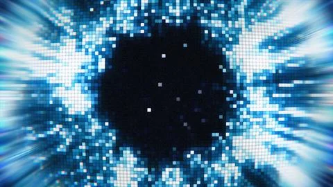Sci-fi digital pixelated portal with fast blue light rays and dark center Stockillustratie