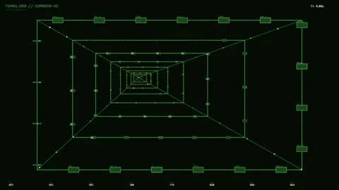 Sci-Fi Digital Tunnel Grid HUD with Green Wireframe Navigation and Real Tim.. Stock Footage 334113212