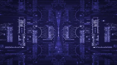 Sci Fi doors intro.Digital data tunnel HUD screens opens infinity loop. Stockbeeldmateriaal 85208898