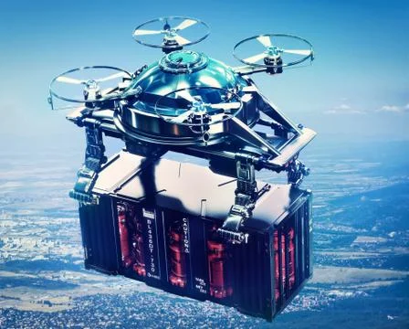 Sci-fi drone cargo with container freight flying above future city. Illustrazione stock