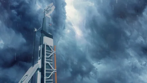 Sci-Fi Dropship Coming in to Land at a Futuristic Outpost During a Storm Stock Footage 128713857