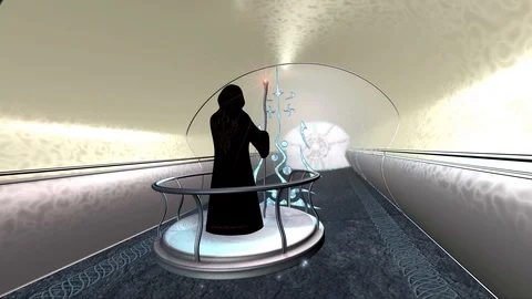 Sci fi druid moves through tunnel 3d render Video stock 105190196