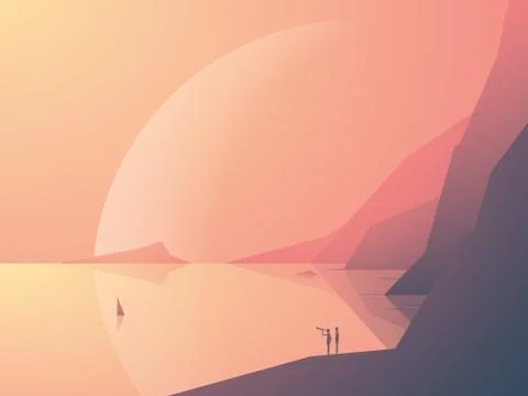 Sci-fi fantasy landscape vector illustration background with ocean bay and Stock Illustration