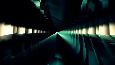 Sci-fi flight inside alien spacecraft, geometric shapes tunnel 库存影片 119862241
