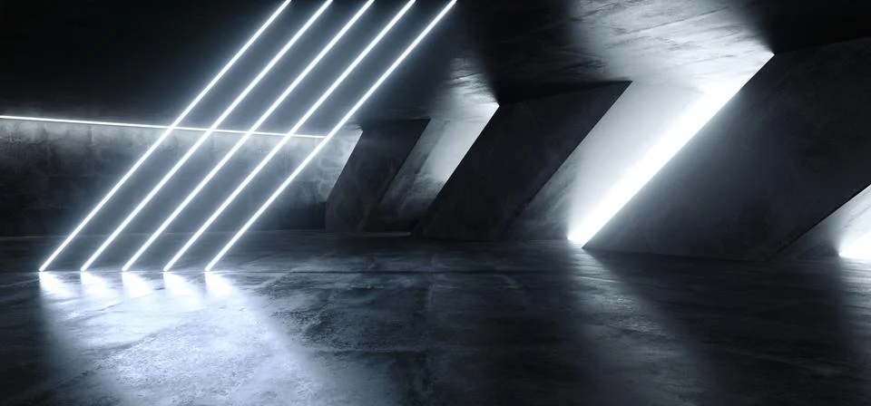 Sci Fi Fluorescent Tilted Tubes Neon Glowing Blue White Lights In Huge Dark C イラスト素材