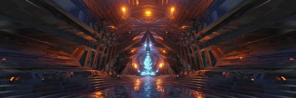 Sci Fi Future Fantasy Alien planet Big Hall building panorama background 3D r Ilustración de archivo