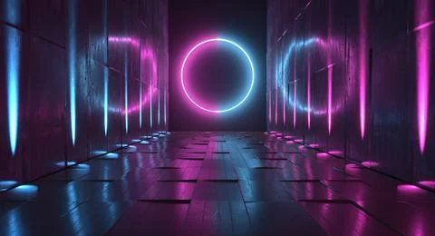 Sci Fi Future Neon Purple Blue Glowing Circle Shape Empty Dark Spaceship Tunnel Illustrazione stock