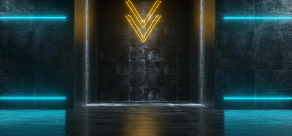 Sci-Fi Futuristic Empty Dark Grunge Concrete Interior Corridor With Orange An Illustrazione stock