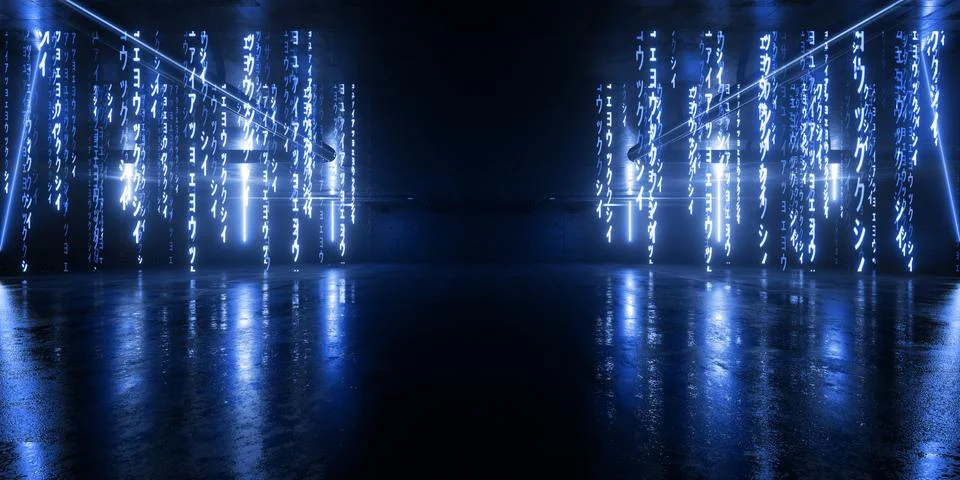Sci Fi Futuristic Matrix Code Cyber Concrete Warehouse Gaming Showcase Prod.. Illustrazione stock