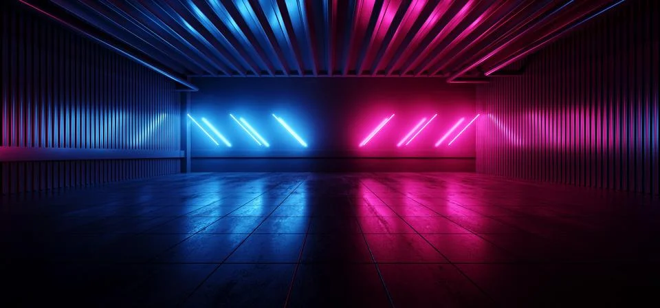 Sci Fi Futuristic Studio Stage Dark Room Underground Warehouse Garage Neon Le Illustrazione stock
