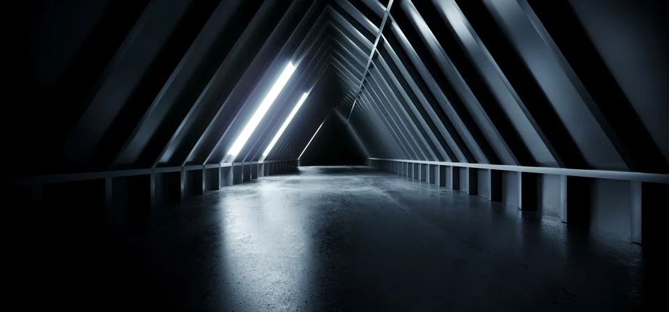 Sci Fi Futuristic Triangle Empty Concrete Cement Modern Blue White Light Led  库存插图