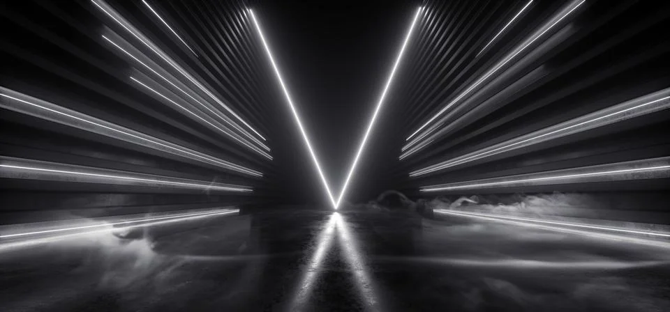 Sci Fi Futuristic Triangle Shaped Alien Modern Smoke Fog Neon Led Lights Whit Ilustración de archivo