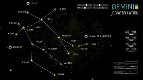 Sci-Fi Gemini Constellation HUD Star Map Interface with Digital Particle Plexus 動画素材 338433616