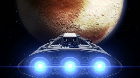 Sci-fi giant spaceship is approaching Pluto Stockbeeldmateriaal 84864455