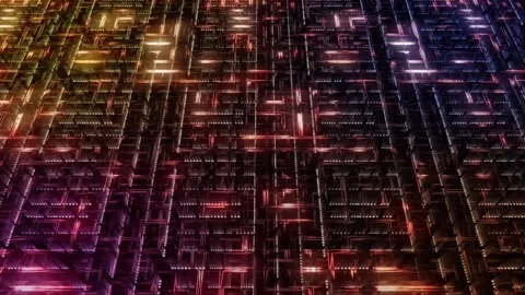 Sci-fi glowing multicolored particles form lines that look like an electrical Stock Footage 152299843