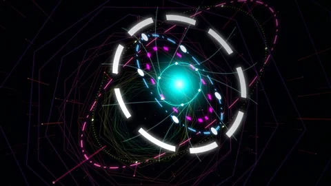 Sci-Fi Glowing Sentinel Orb And Rotating Neon Rings In Cyber Tunnel Stock Footage 340600458