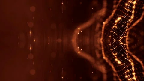 Sci-fi gold background of luminous particles that form curves, surfaces, complex Stock Footage 110566804