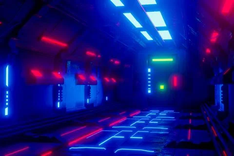 Sci-Fi grunge  corridor background illuminated with neon lights 3d render Stock Photos