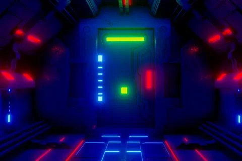 Sci-Fi grunge  corridor background illuminated with neon lights 3d render Stock Photos