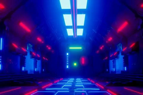 Sci-Fi grunge  corridor background illuminated with neon lights 3d render Stock Photos