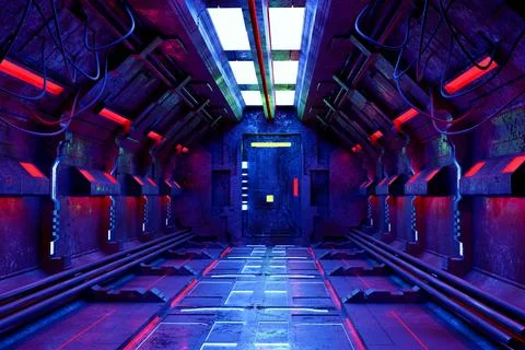 Sci-Fi grunge  corridor background illuminated with neon lights 3d render Stock Photos