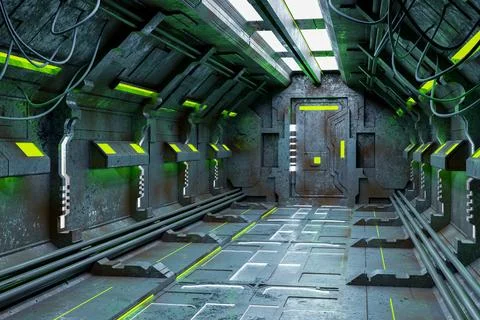 Sci-Fi grunge  corridor background illuminated with neon lights 3d render Stock Photos